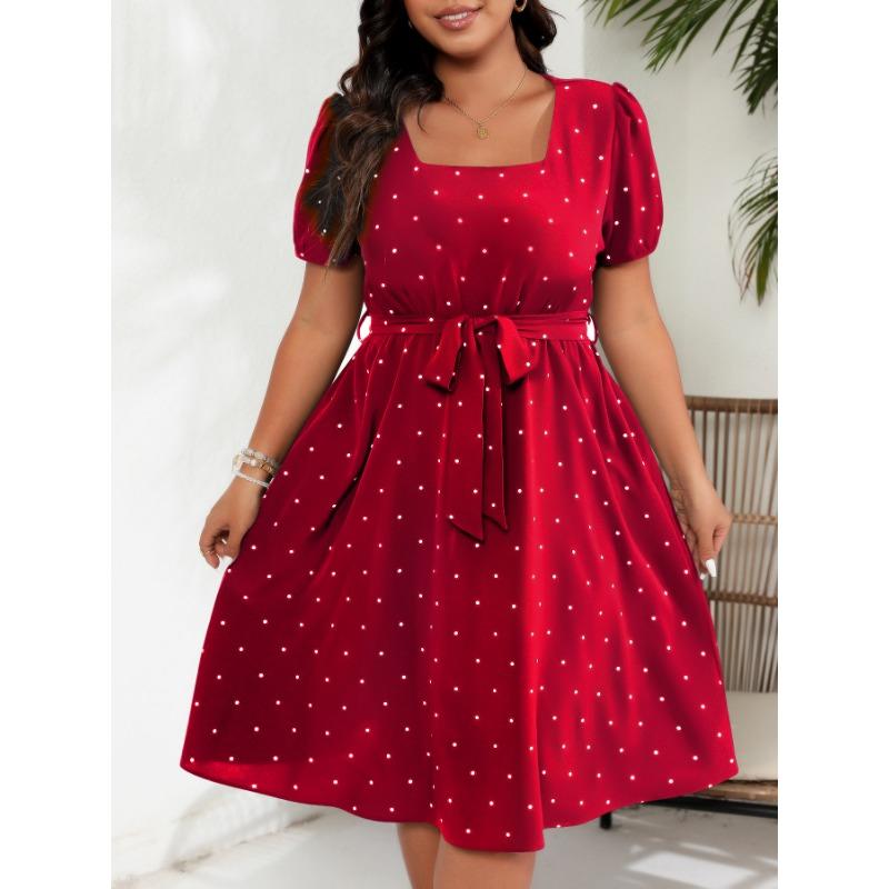 Plus Size Women's Elegant Vintage Polka Dot Waist Tie Square Neck Hem Dresses