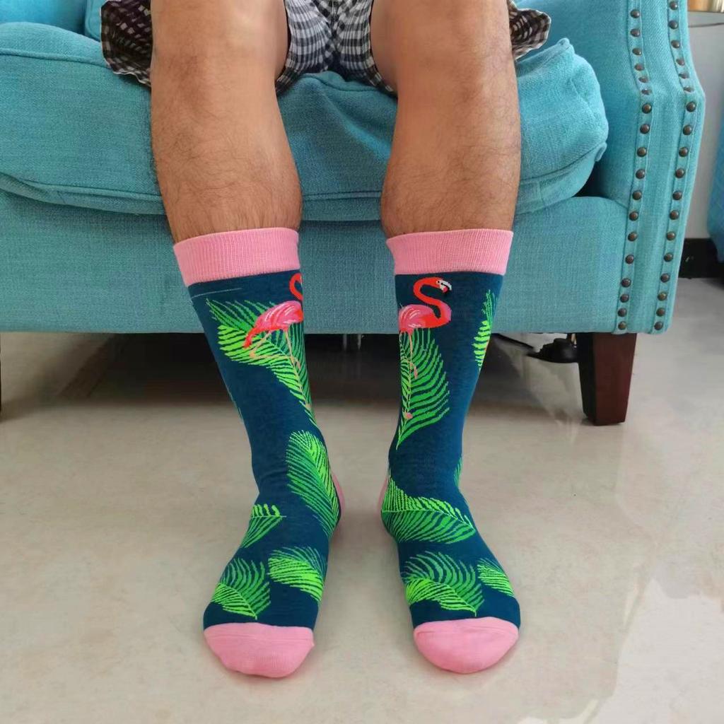 Funny Flamingo Pattern Cotton Men Crew Sock Street Tide Crew Socks Gift Men Husband Cute Street Socks Novelty Funky Pink Black