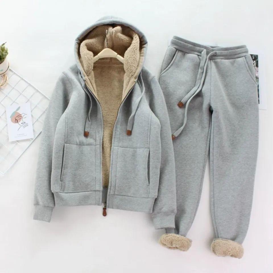 Damen Herbst- und Winter-Sportanzug mit Plus-Samt-Verdickung, Damen Locker und Schlank, Lässig, Zweiteilig, Westlicher Stil