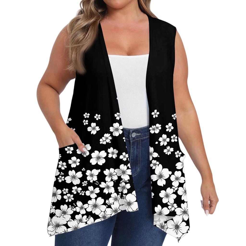 Women's Oversized Loose Casual Printed Sleeveless Vest With Pocket Cardigan Jacket Cardigan Jacket