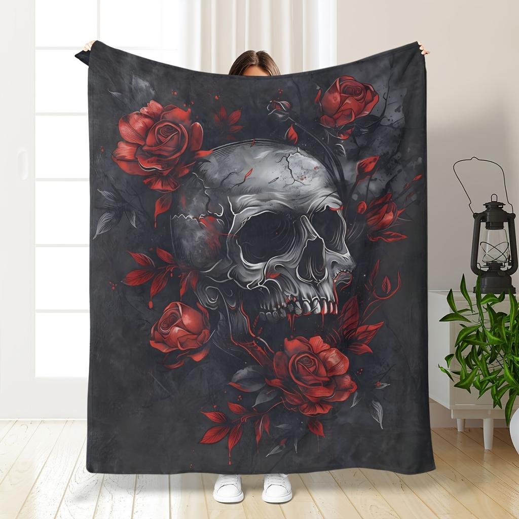 1pc Skull and Red Roses Printed Flannel Fleece Throw Blanket, Soft Comfortable Multi-Use Bedspread, Office Lap Cover, Home & Cam