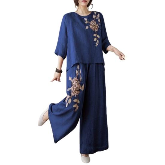 Conjuntos Femininos de 2 Peças Mangas 3/4 Camisas Bordadas Vintage Calças de Perna Larga Conjunto de Verão Algodão Linho Casual Conjunto Combinando