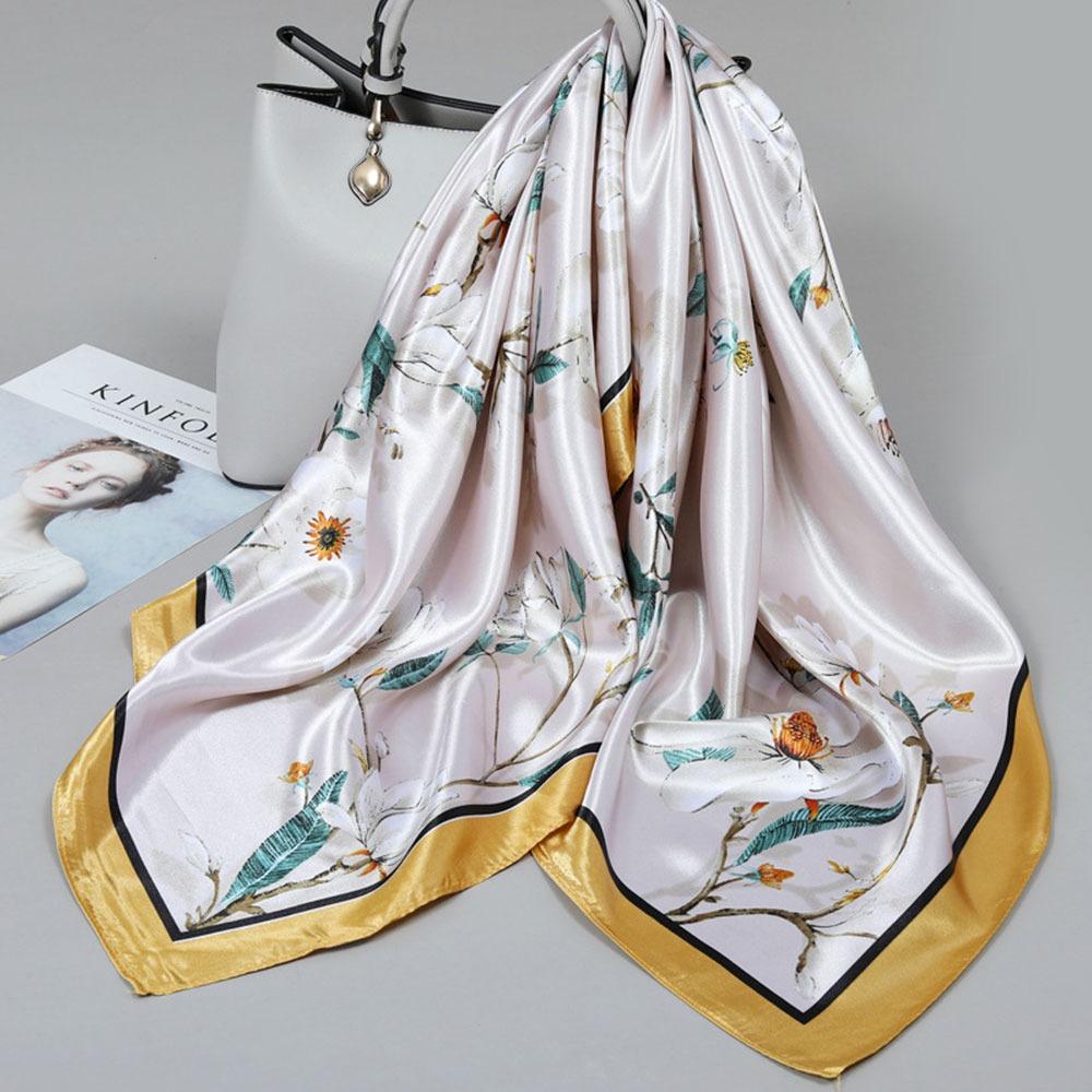 

Сатиновая бандана с цветочным принтом 90*90см Большая хиджаб летний женский квадратный шарф жёлтый
