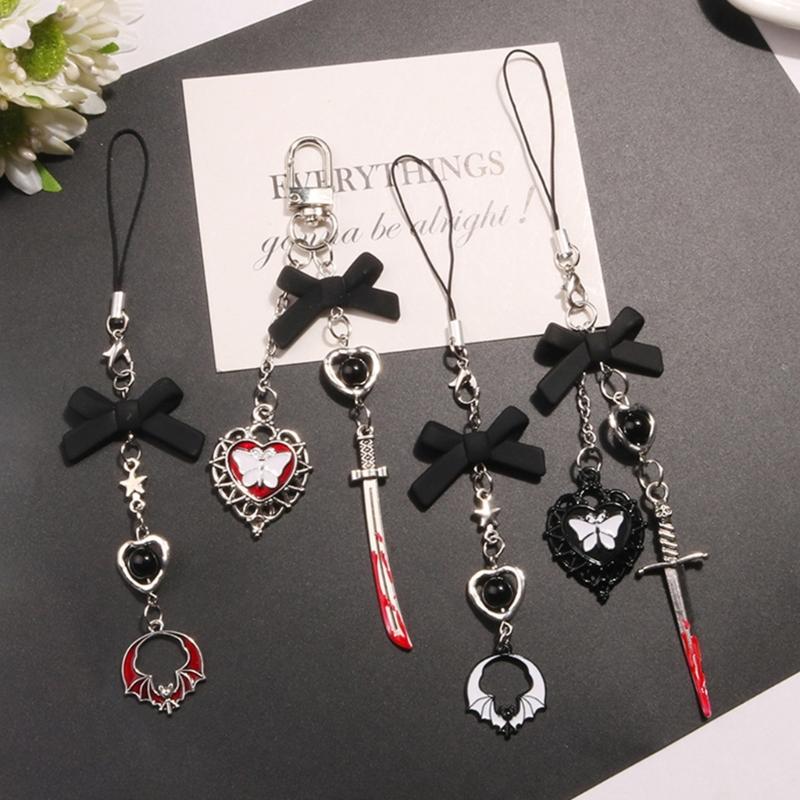 Trendy Phone Lanyard Gothic Style Butterfly Heart Keychain Pendant Durable Phone Strap Portable Phone Accessory for Keys