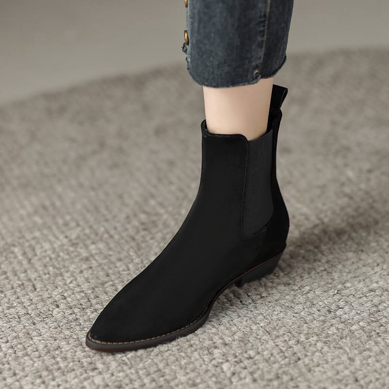 Krazing Pot Piele intoarsa de vaci iarna varf rotund gros tocuri joase cizme chelsea in crestere femei marime mare 41 botine la glezna