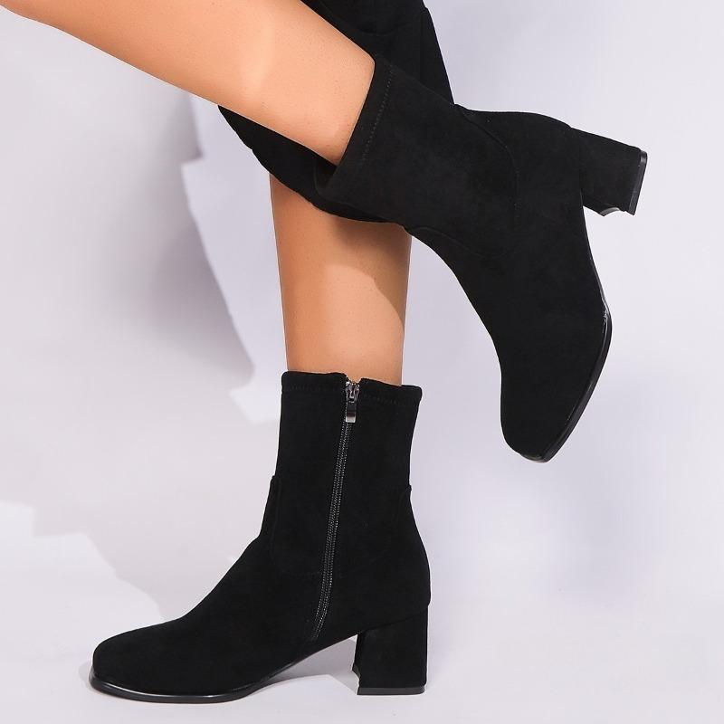 Plus-size Shoes, Ankle Boots, Women's Chunk-heeled Elastic Boots, High-heeled Fashionable Square-toed Ankle Boots