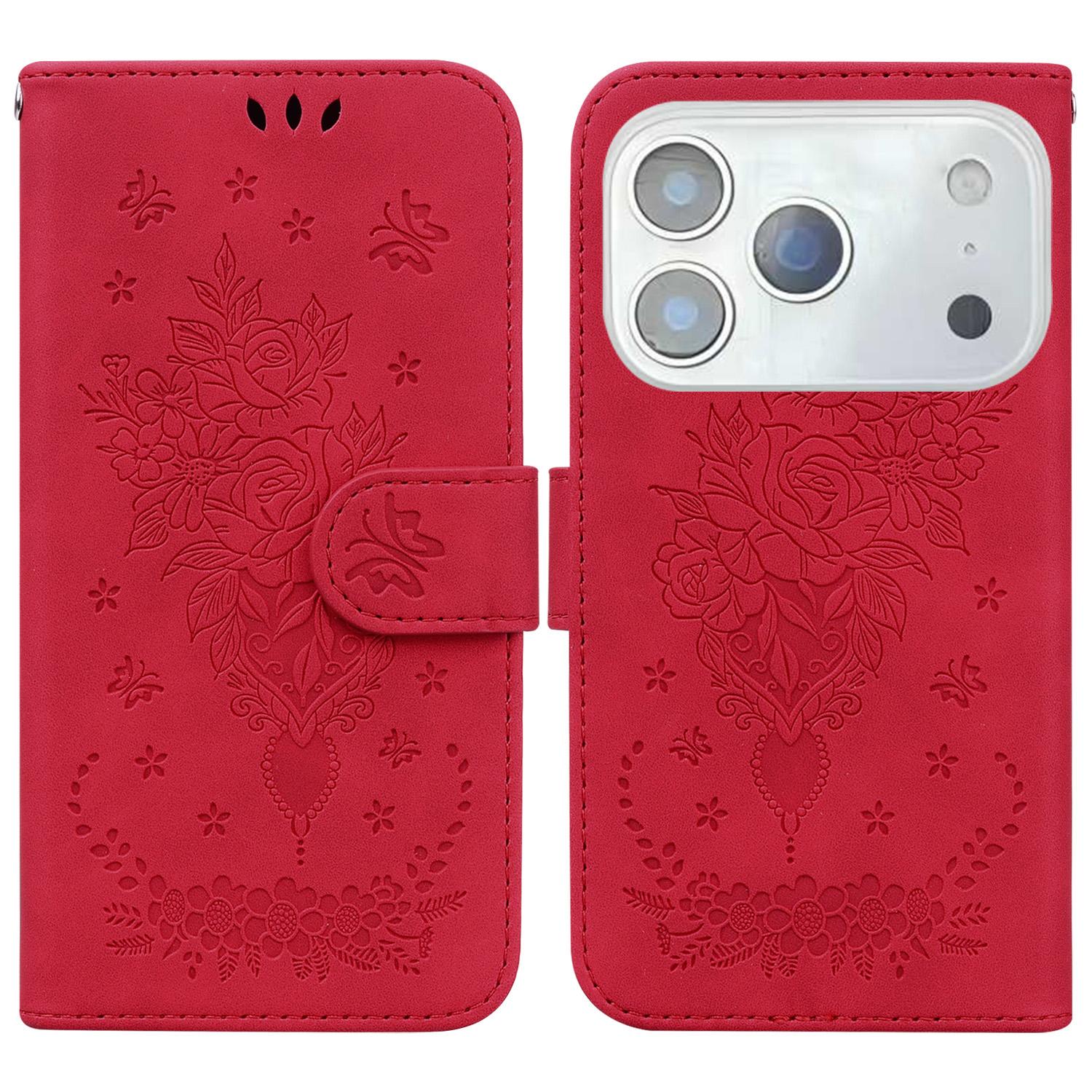 

For iPhone 17 Pro Case Butterfly Flower Imprint PU Leather Wallet Phone Cover with Strap Red