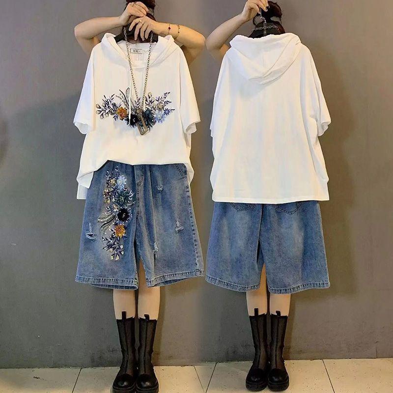 

Машинная вышивка Джинсовые шорты с капюшоном Модный костюм Tops + shorts 6XL