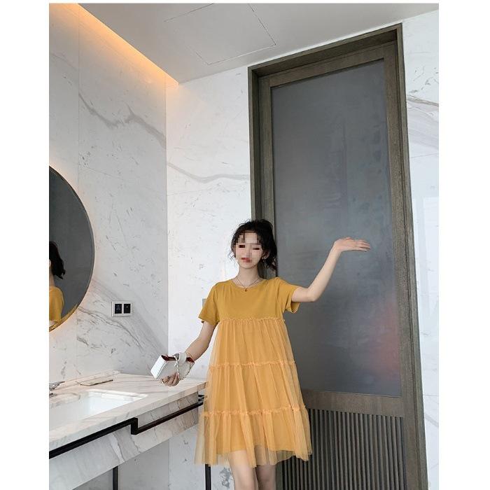 Maternity T-Shirt Style Mesh Patchwork Short Sleeve Dress - Summer Fashion M жёлтый