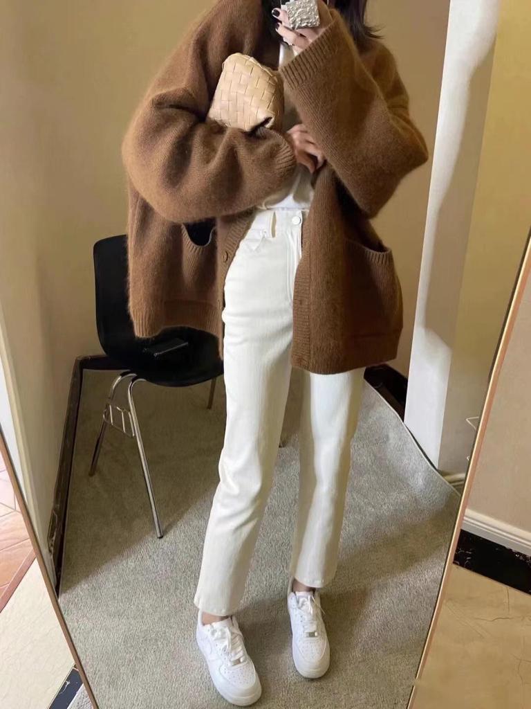 Women's Mid-Length Plus Size Wool Cardigan - Versatile Loose Knit Sweater Coat
