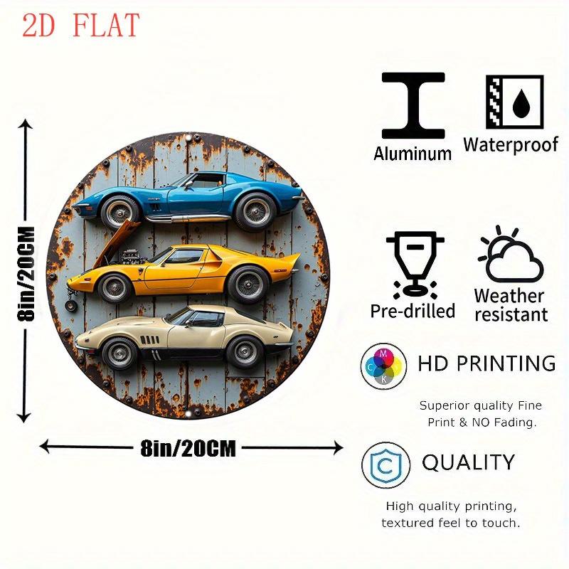 D Flat Round Aluminum Wall Sign Featuring Inch Vintage Cars Against a Rusty Backdrop Perfect for Holiday Gifts And Classic 20x20cm(8x8inch)