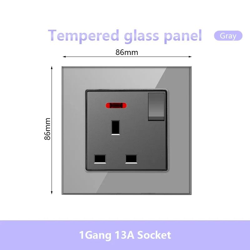 UK 13A 220V Dual Outlet with 18W Type-C Quick Charge,1/2 Way Light Switch Panel, Tempered Glass Surface,Wall Socket for TV/Phone