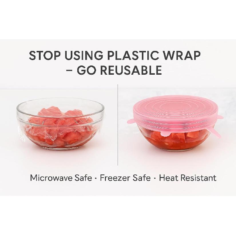 Silicone Stretch Lids Pink (6 Pack) Reble Airtight Food Covers for Bowls, Containers & Fruits |Elastic BPA-Free Stretchable Lids | Microwave, Freezer