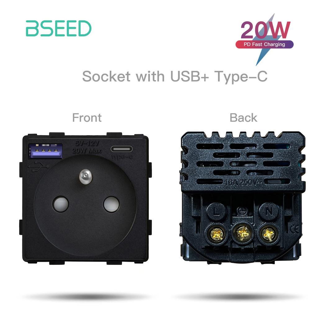 BSEED EU/FR Wall Power Socket USB Plug 1/2/3Gang Mechanical Switches Function Parts Matte Plastic Frames Free Combination Black