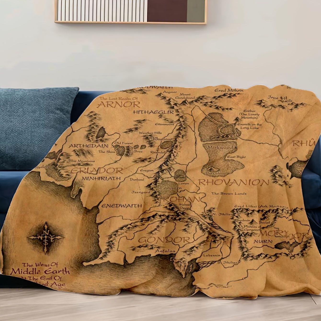 

130cm×150cm Middle Earth Map l-Lords Of The R-Rings Fuzzy Blankets Movie Funny Throw Blankets for Home Hotel Sofa Bedspread 75x90cm