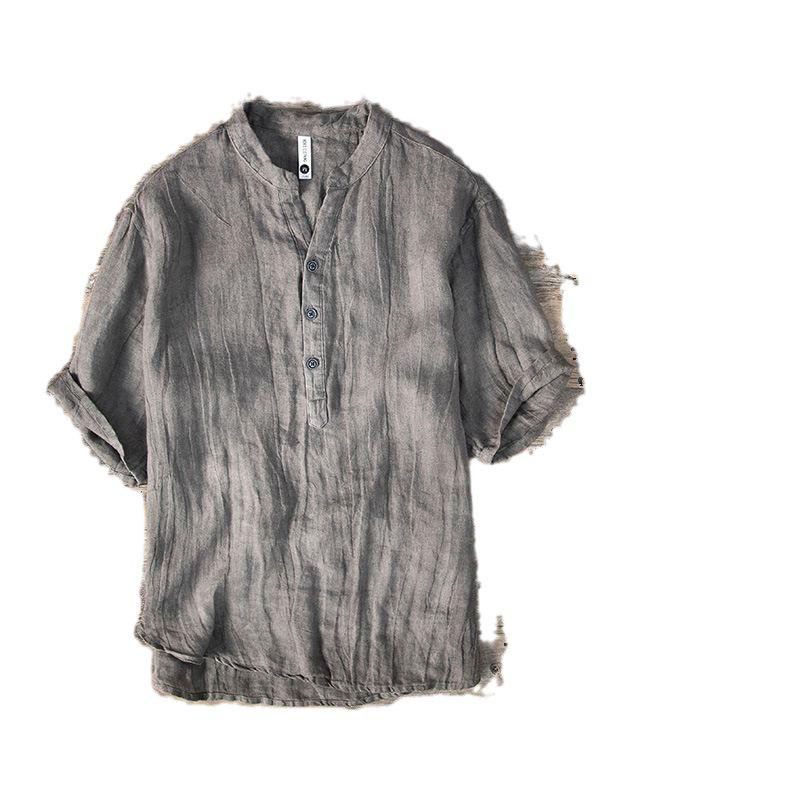 Pánské letní retro plátěné tričko s výstřihem do V – prodyšné, plisované, s krátkým rukávem