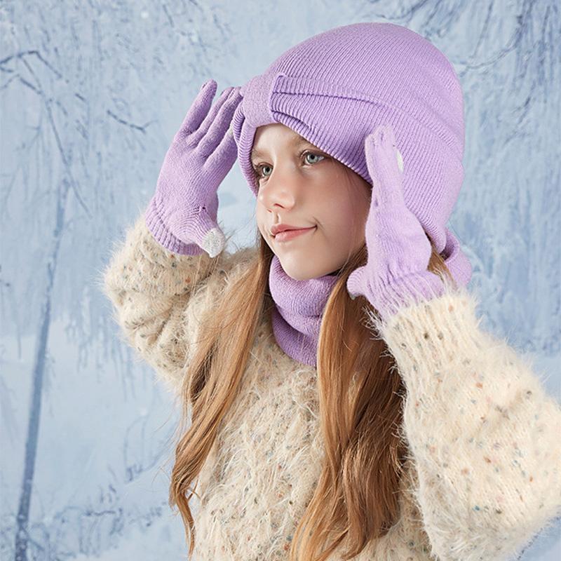 3-teiliges Winter-Mützen-Set für Kinder, Beanie, Schal, Handschuhe, warme Ohren, Strickmütze für Mädchen und Jungen, Kappe, Nackenwärmer, Outdoor, 3–8 Jahre