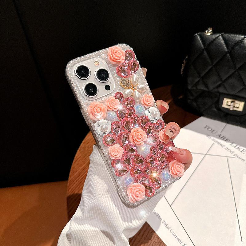 Korean rhinestone pearl rose iPhone16Promax mobile phone case for Apple 14plus luxury iPhone11