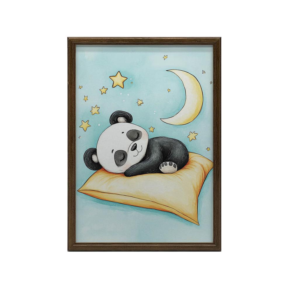 Poster Cute Panda Sleeping On Orange Pillow Poster Cute Panda Sleeping On Orange Pillow, 50X70 Cm, Gold Aluminum Frame, Matte Paper 23