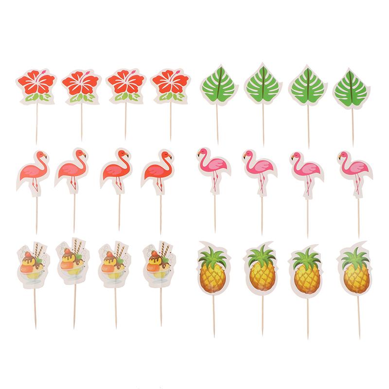 24Pcs Luau Cupcake Toppers Hawaiian Toothpicks With Flamingo Pineapple Palm Leaves Shape Picks Tropical Summer Beach Party Decor