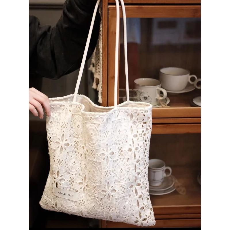 

French sequined white lace yarn spring and summer versatile girls shoulder bag canvas bag large capacity niche bag gift белый