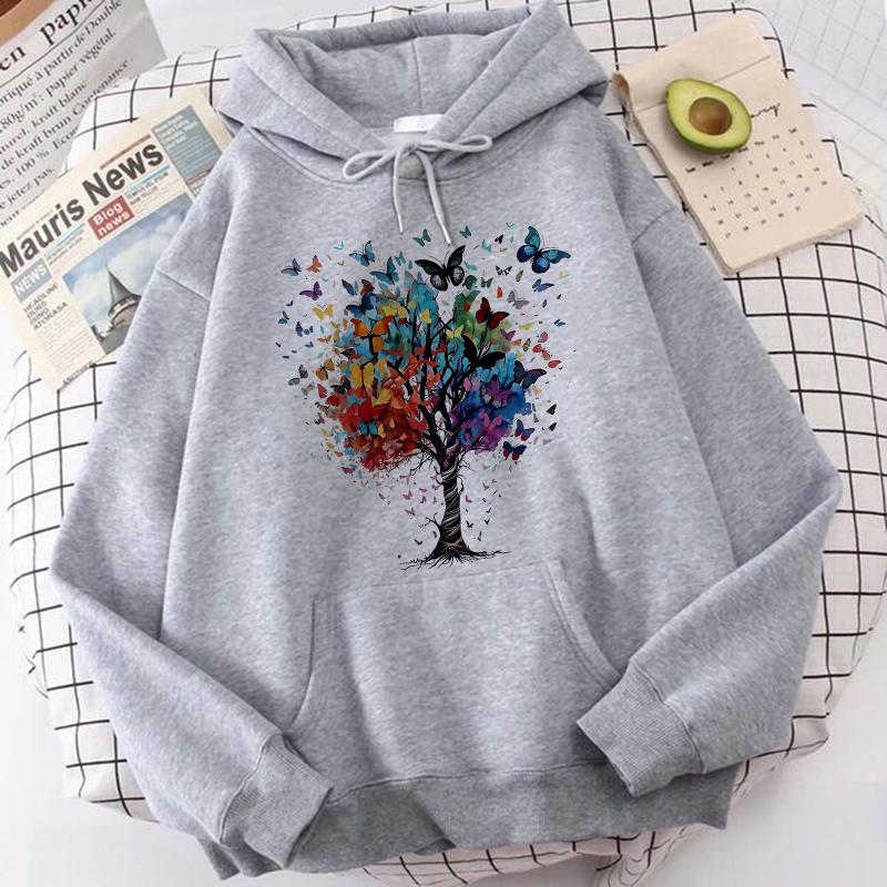 Butterfly Tree Print Kangaroo Pocket Hoodies Funny Autunm Winter Gothic Sweatshirts Women's Casual Print Clothes