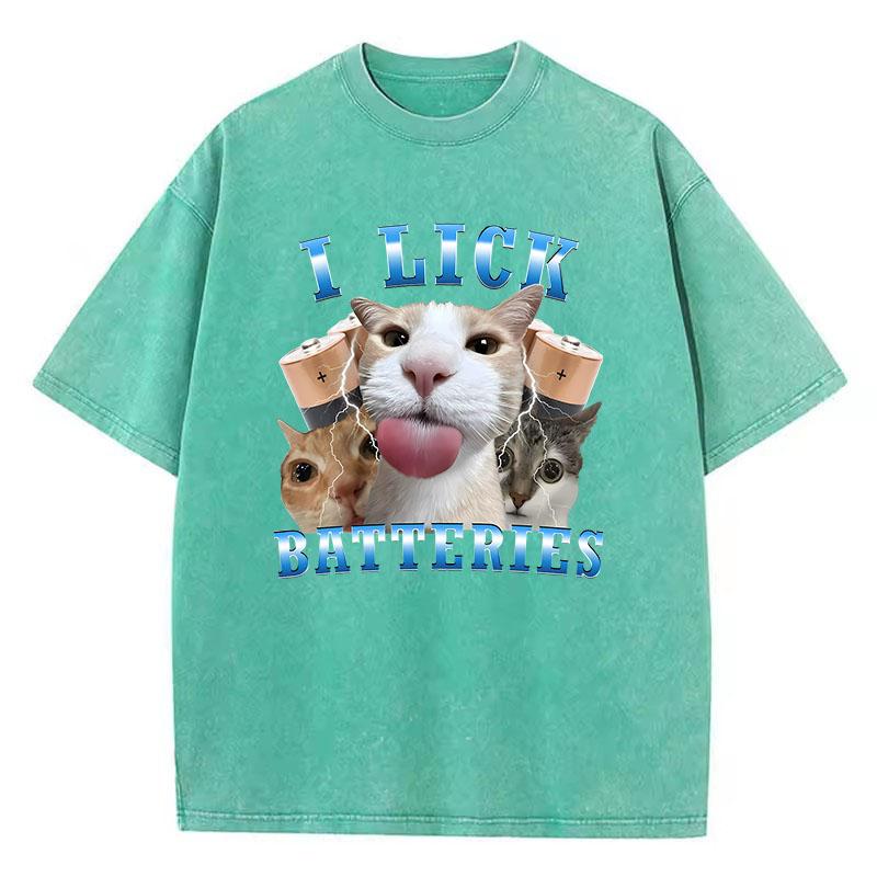 Mode T-Shirt Vintage Gewaschenes Baumwoll-T-Shirt Ich Lecke Batterien Lustiges Katzen-Grafik-T-Shirt Lässiges Streetwear Frühling Sommer Shirt