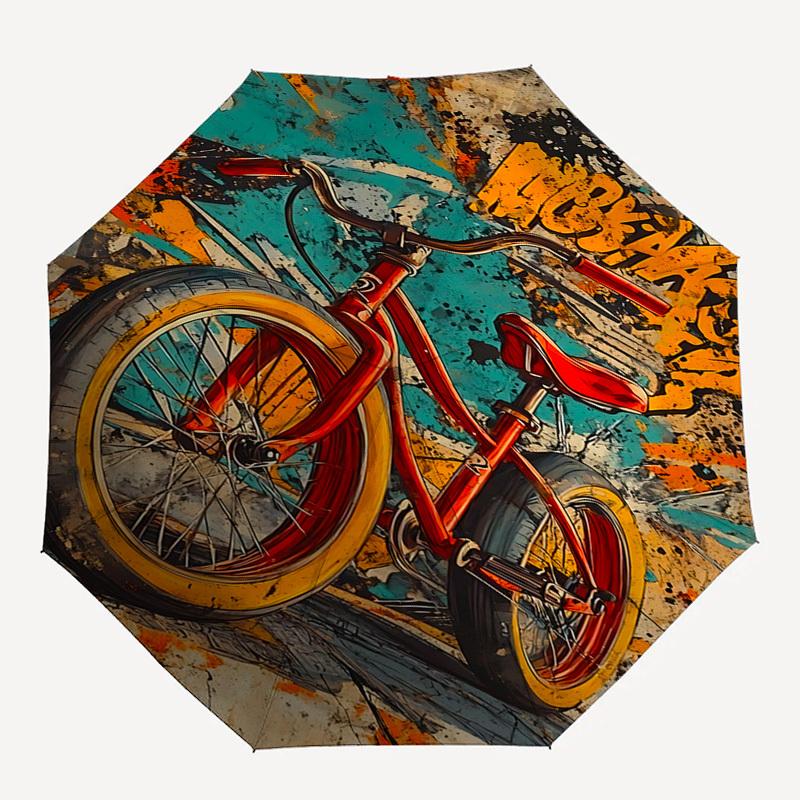 Bicycle, Graffiti Themed Automatic Opening and Closing Umbrella, Brightly Colored 8-rib Portable Umbrella, Suitable for Men and Women, A Per