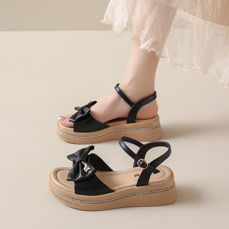 CRLAYDK Womens Wedge Sandals Bow Summer Beach Comfort Ladies Walking Ankle Strap Dressy Casual Slippers Beach Travel Shoes