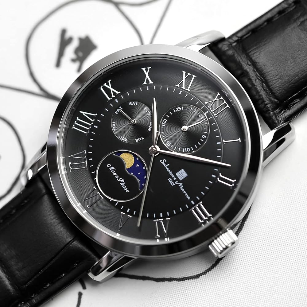 Salvatore Marra Moon Phase Multi-Calendar Men's Watch 5 ATM Water Resistant Leather Strap Silver Black SM21106-SSBK