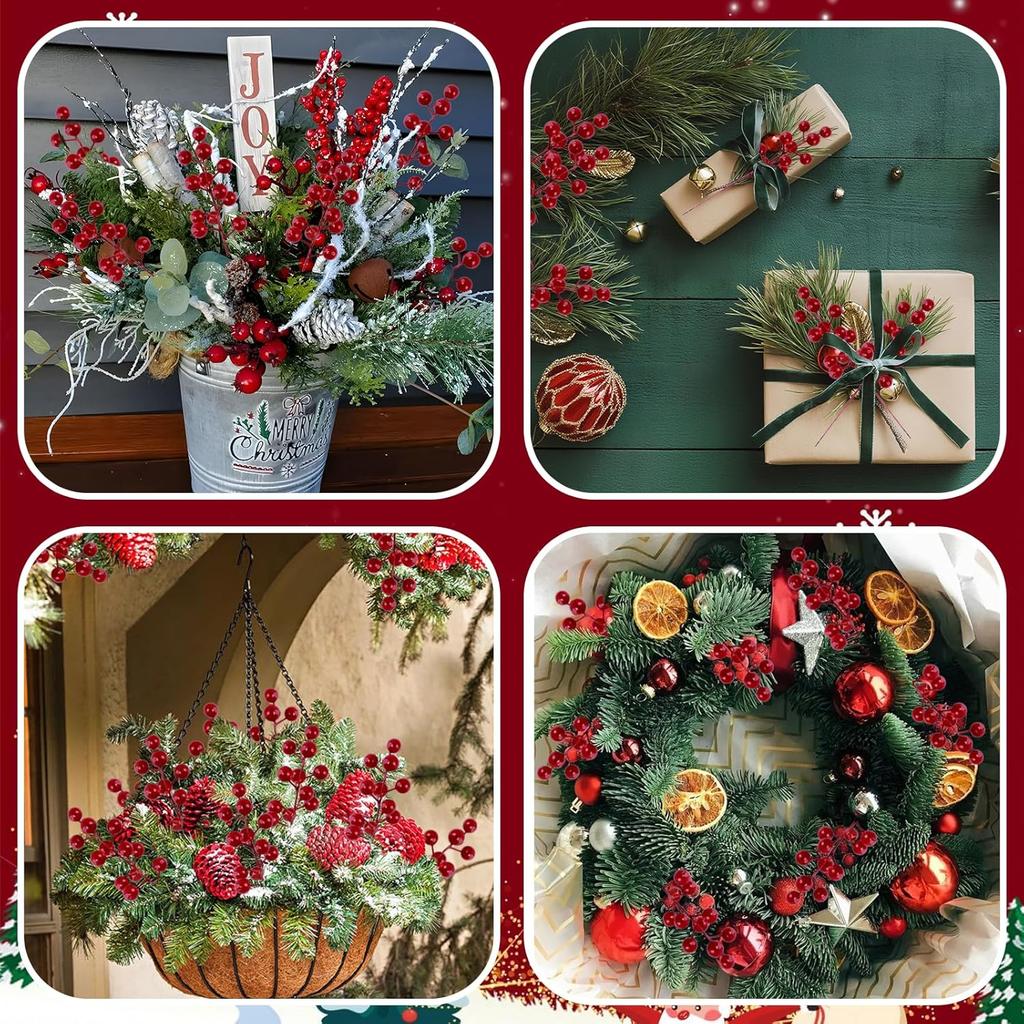 40pcs Red Faux Holly Berries Branches for Christmas Tree Wreath DIY Decor