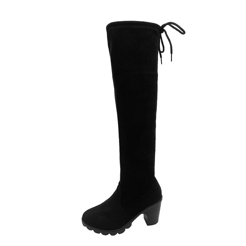 Women Boots Winter Black Over The Knee Boots 2025 New Comfort Lace Up Chunky High Heels Shoes Warm Round Toe Boots