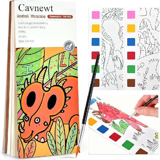Cavnewt Watercolor Coloring Books for Kids Ages 4-8, Pocket Watercolor Painting Book Sets, Mess Free Paint with Water Books for Toddlers, Travel Ancient Dinosaurs