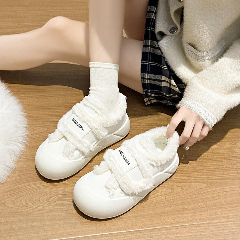 New winter women's shoes versatile casual cotton shoes trendy velvet warm little white shoes women's fluffy shoes Velcro