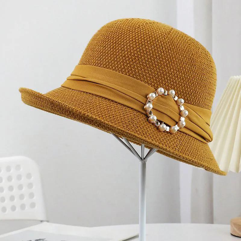 WTEMPO Spring Summer Solid Color Casual Versatile Breathable Kniited Hats Women's Wide Brim Retro Elegant Metal Buckle Perals Sun Hats