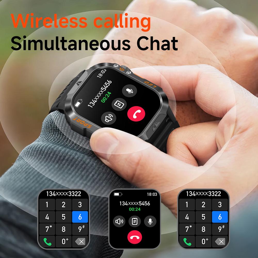 1200mAh Extra Large Outdoor Military Rugged Smart Watch With SOS Signal Light LED Flashlight 100+Sports Modes 2.01‘’AMOLED Watch