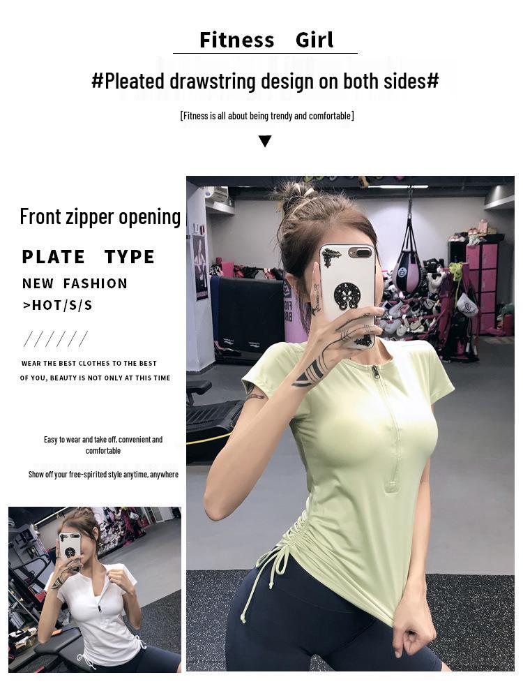 2025 Women's Breathable Short Sleeve Yoga Top: Zipper & Drawstring Design for Fitness and Running