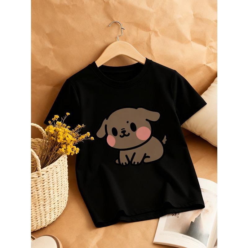 

European sizes Brown Puppy Soft Cute Print Girls Round Neck T-Shirt Casual Style Healing Top Ideal for Pet Lovers 98cm чёрный