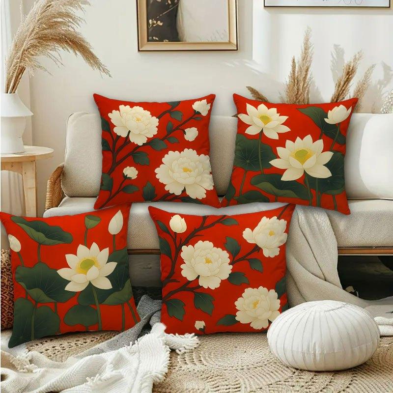 Red Floral Pillow Covers White Peony Lotus Decorative Throw Pillow Cases, Chinese Traditional Home Decor For Sofa Bed, No Insert