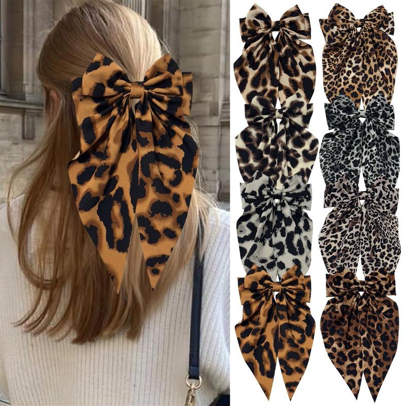Vintage Leopard Print Bowknot Hairpin Long Ribbon Back Head Spring Clip Ponytail Headwear for Women Elegant Versatile Hairpin