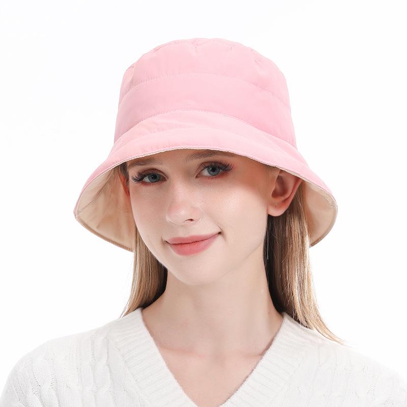 Reversible Korean-Style Down Cotton Bucket Hat for Women - Autumn/Winter Large Brim, Waterproof, Sunshade, Warm.