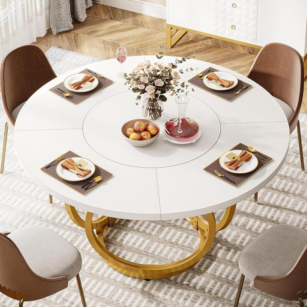 Round Dining Table, Modern 120 Cm Kitchen Table for 4-6 People, Coffee Table, Side Table with 2 Levels and Metal Frame