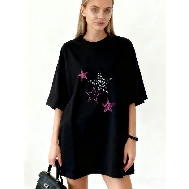 

Oversized T Shirt Dress Black Star Print And Text Graphic Streetwear Fashion Casual Wear XXXXL чорний