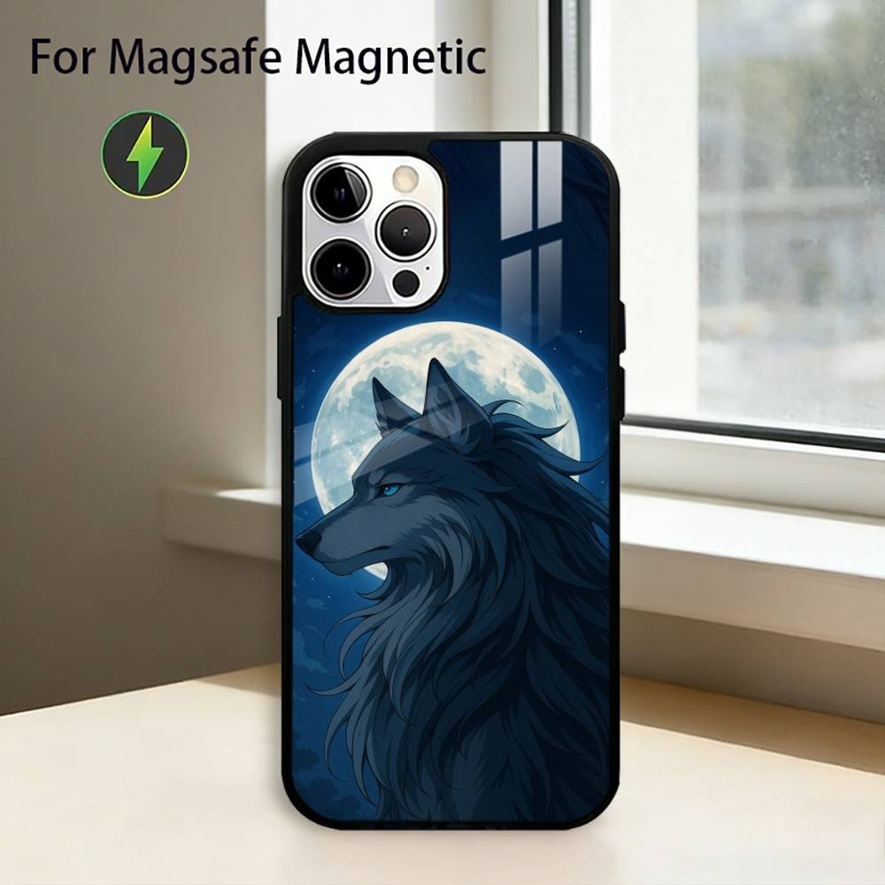 Mond Heulender W-Wolf Handyhülle Für iPhone17,16,15,14,13,12,11 Plus,Pro Magnetisch Für Magsafe Kabelloses Laden