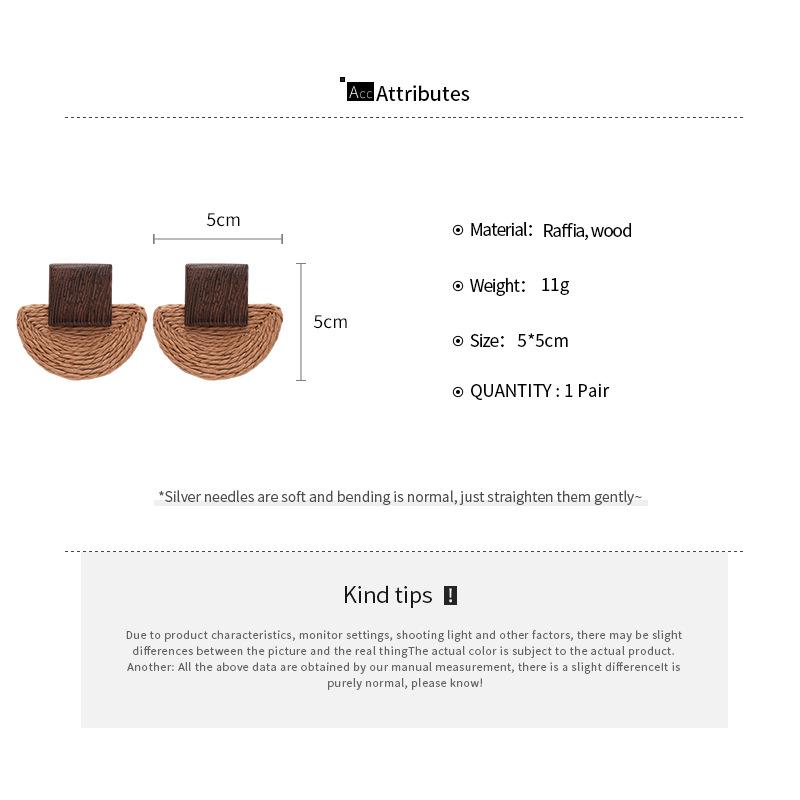Bohemian Retro Semicircle Weave Raffia Dangle Earrings for Women Wooden Square Ear Drop Daily Wear Beach Vacation Accessory F