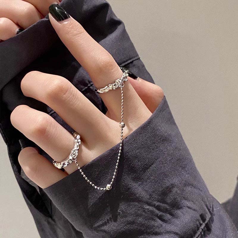 Fashion Punk Tassels Chain Double Ring Set Women Hip Hop Open Ring Metal Silver Color Ball Chain Party Jewlery Gifts