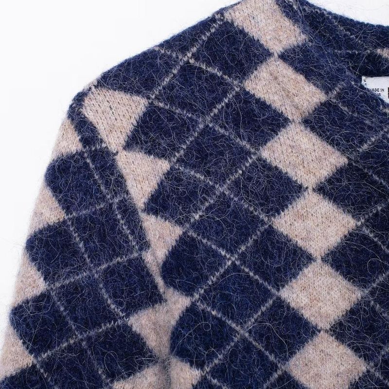 Kaslead New Arrival Women's Clothing Fashion Style Diamond Pattern Jacquard round Neck Long Sleeve Knitted Coat 9598191
