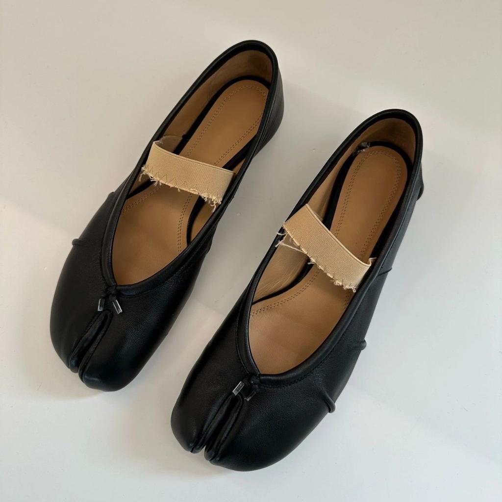 Sheepskin version~ Beautiful one-word leather split-toed shoes women's spring soft-soled ballet shoes small heels Mary Jane single shoes