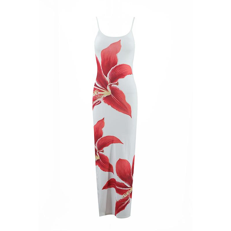 Women's Summer Sexy Spaghetti Strap Floral Print Maxi Dress, Slim Fit Bodycon Backless Evening Party Beach Vacation Long Dress