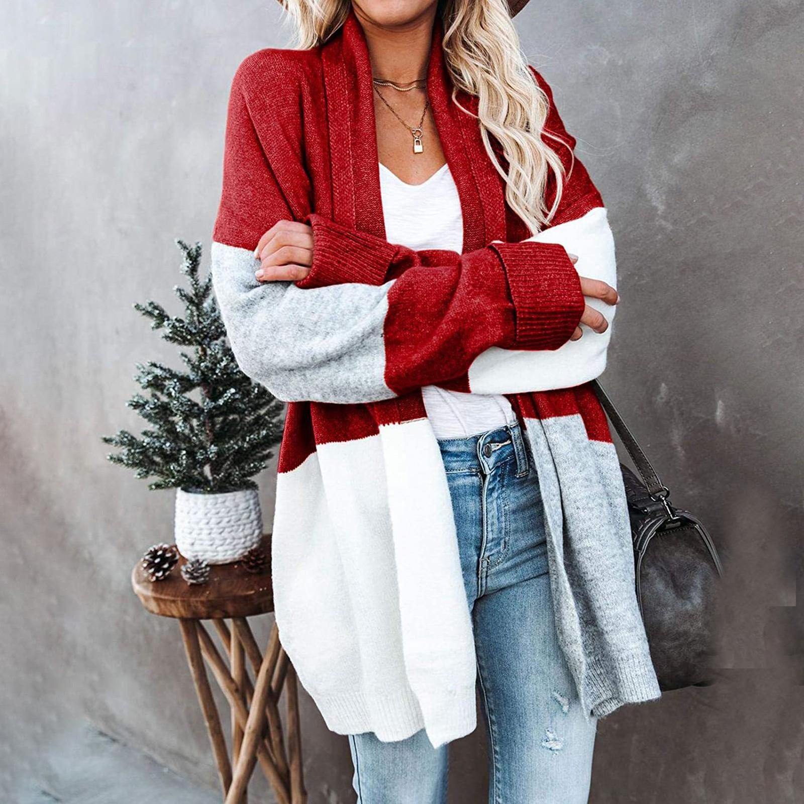 

Casual Women s Contrast Color Stitching Sweater Cardigan Sweater Coat XL красный